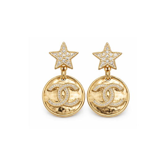 Elegant Crystal Star Cc Medallion Drop Earrings