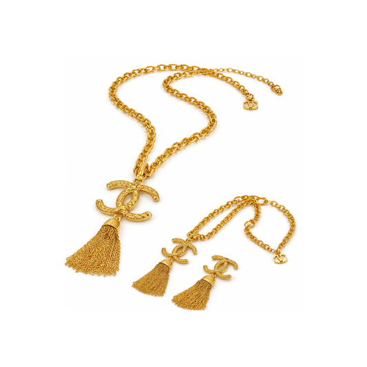Minimal-Luxe Textured Cc Tassel Necklace & Earrings Set