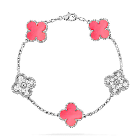 Clover Pink Mother-of-Pearl Bracelet 5-Motif Diamond-Style – Silver | Size 19