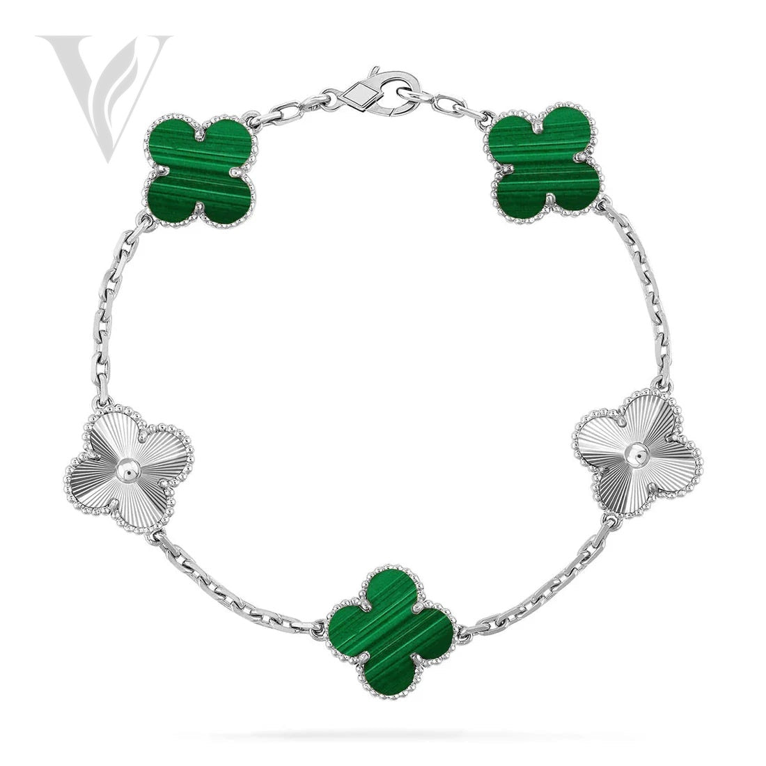 Van Cleef & Arpels Clover 5 Motif Bracelet - Malachite, Silver, Laser Detail
