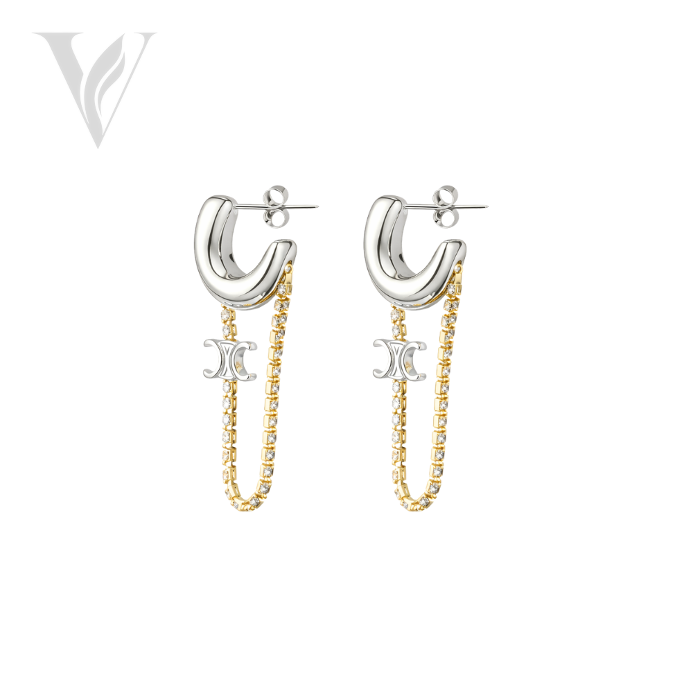 Celine Triomphe Hoop Earrings - Silver & Gold, Crystal Detail