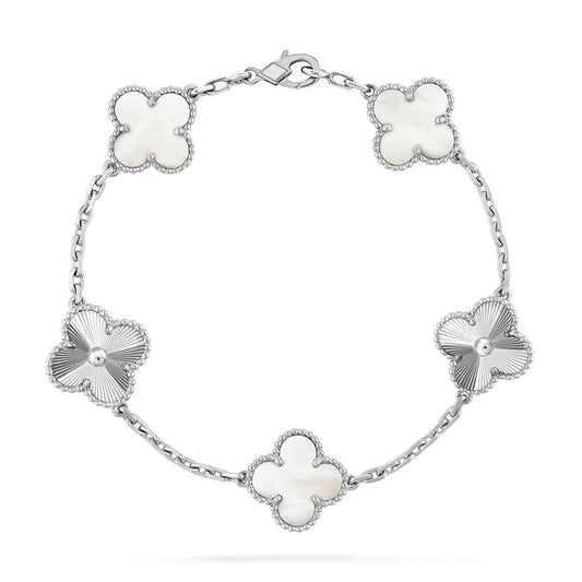 Clover White Mother-of-Pearl Bracelet 5-Motif Laser Detail – Silver | Size 19