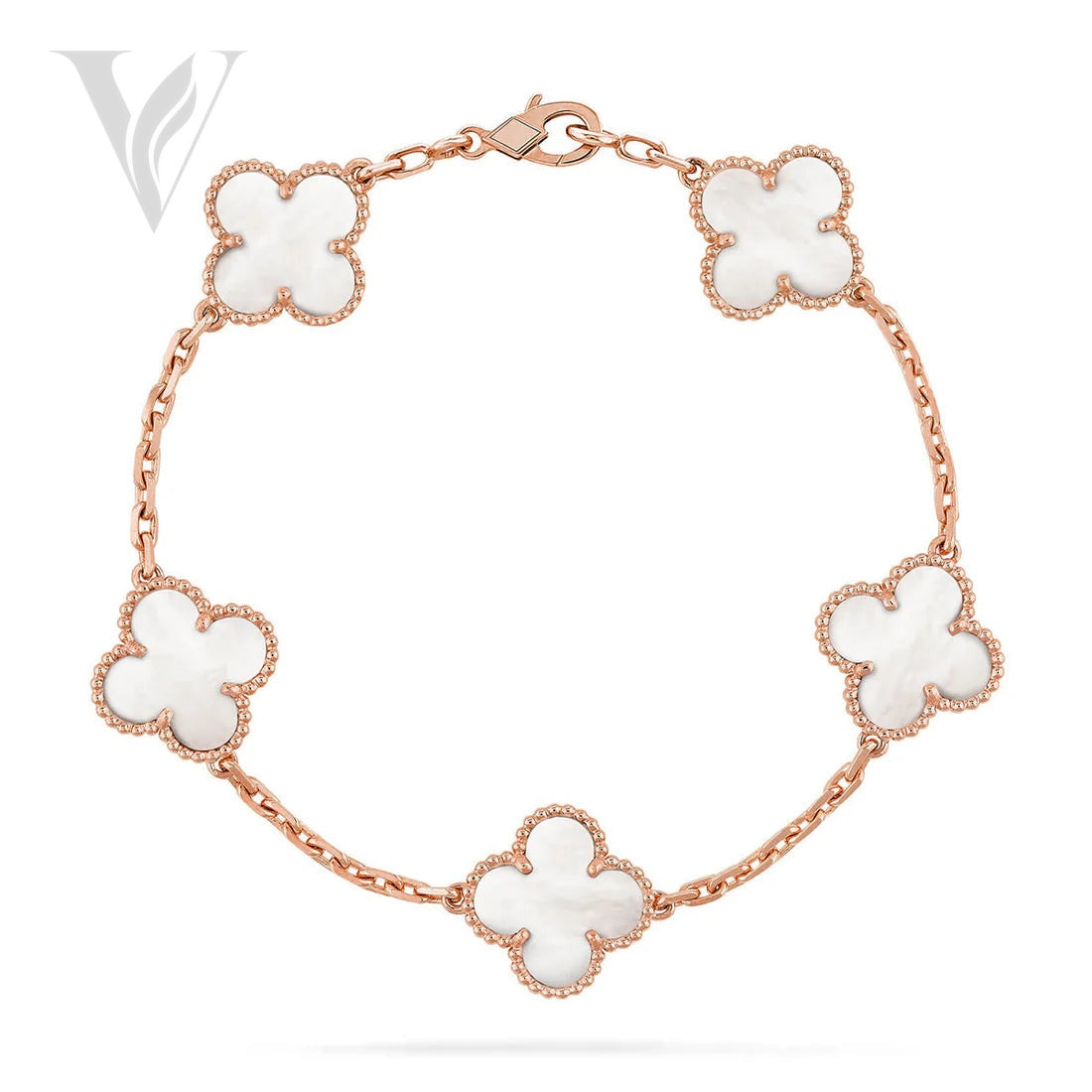 Van Cleef & Arpels Clover Pearl 5 Motif Bracelet Rose - Mother-of-Pearl, White, Size 19