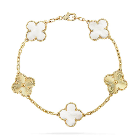 Clover White Mother-of-Pearl Bracelet 5-Motif Laser Detail – White | Size 19
