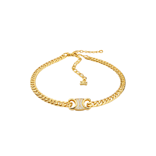 Sophisticated Triomphe Gourmette Necklace Bracelet Set Gold Crystals
