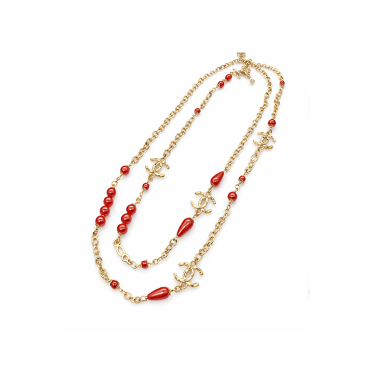 Clean-Finish Logo Red Resin Pearl Crystal Station Necklace
