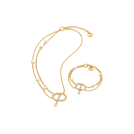 Modern Cd Pearl Layered Necklace Bracelet Set Gold