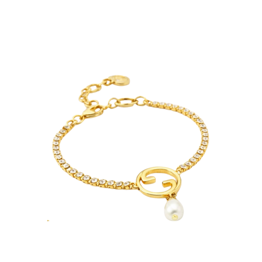 Detailed GG Crystal Pearl Bracelet Gold