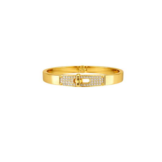 Polished Structured Top-Handle Bangle Bracelet Gold Full Crystals