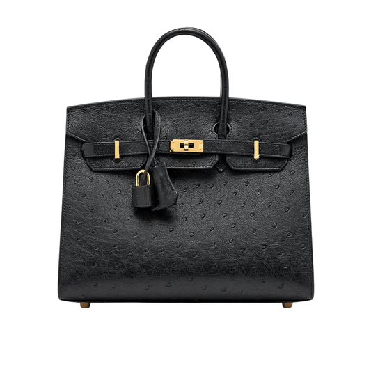 Detailed Ostrich Structured Carryall Sellier Black Bag