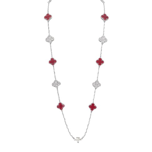 Modern Red Clover Diamond Necklace and Bracelet Set