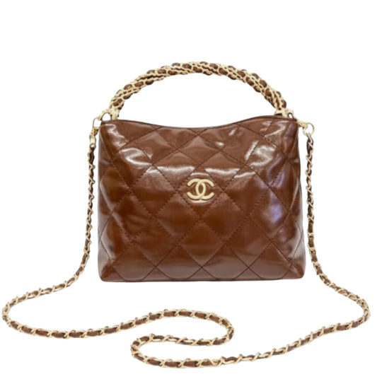 Sophisticated Braided Handle Chain Hobo in Brown Leather Bag