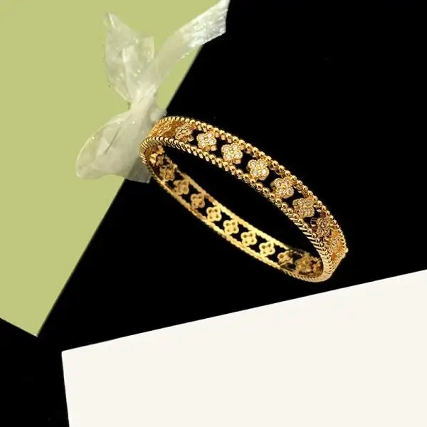 Refined Clover Diamond Gold Bangle Bracelet - view 5