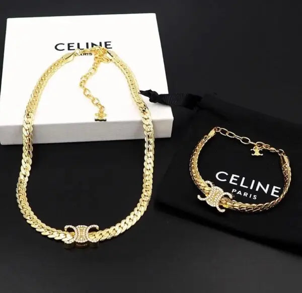 Sophisticated Triomphe Gourmette Necklace Bracelet Set Gold Crystals - view 5