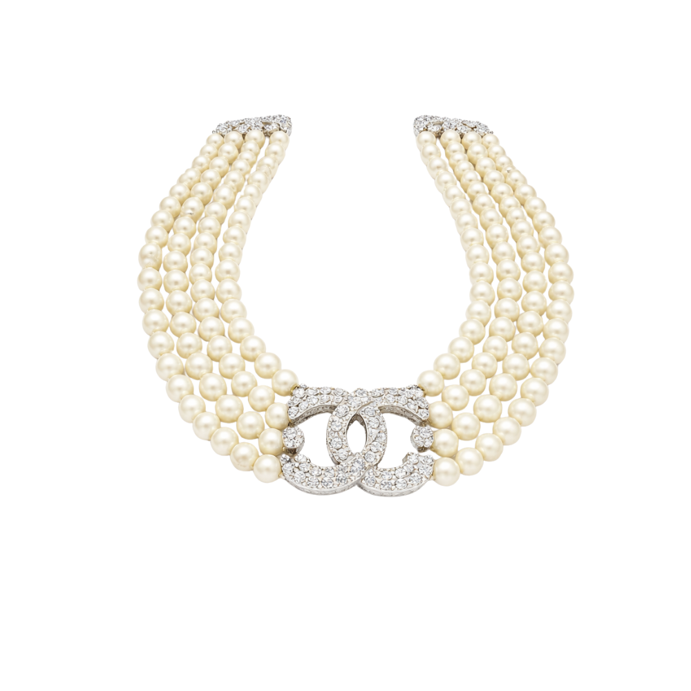 Modern Multi Strand Pearl Crystal Cc Logo Statement Necklace
