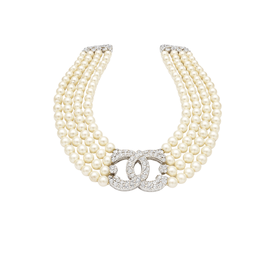 Modern Multi Strand Pearl Crystal Cc Logo Statement Necklace