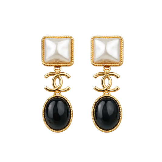Everyday-Luxe Square Pearl & Black Cabochon Cc Drop Earrings
