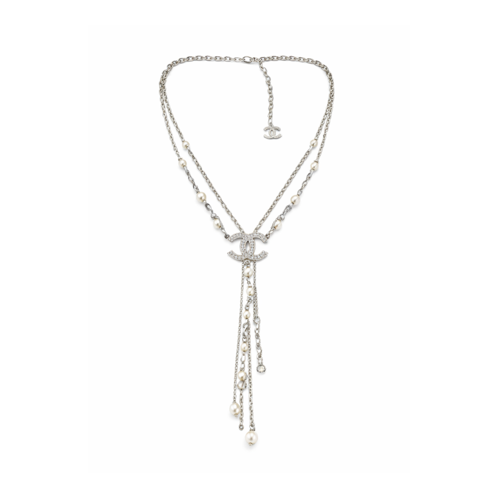 Sharp Cc Logo Interlocking Pearl Chain Lariat Necklace