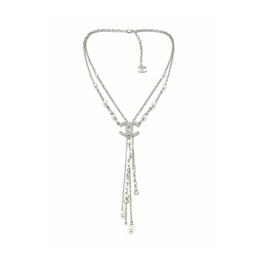 Sharp Cc Logo Interlocking Pearl Chain Lariat Necklace
