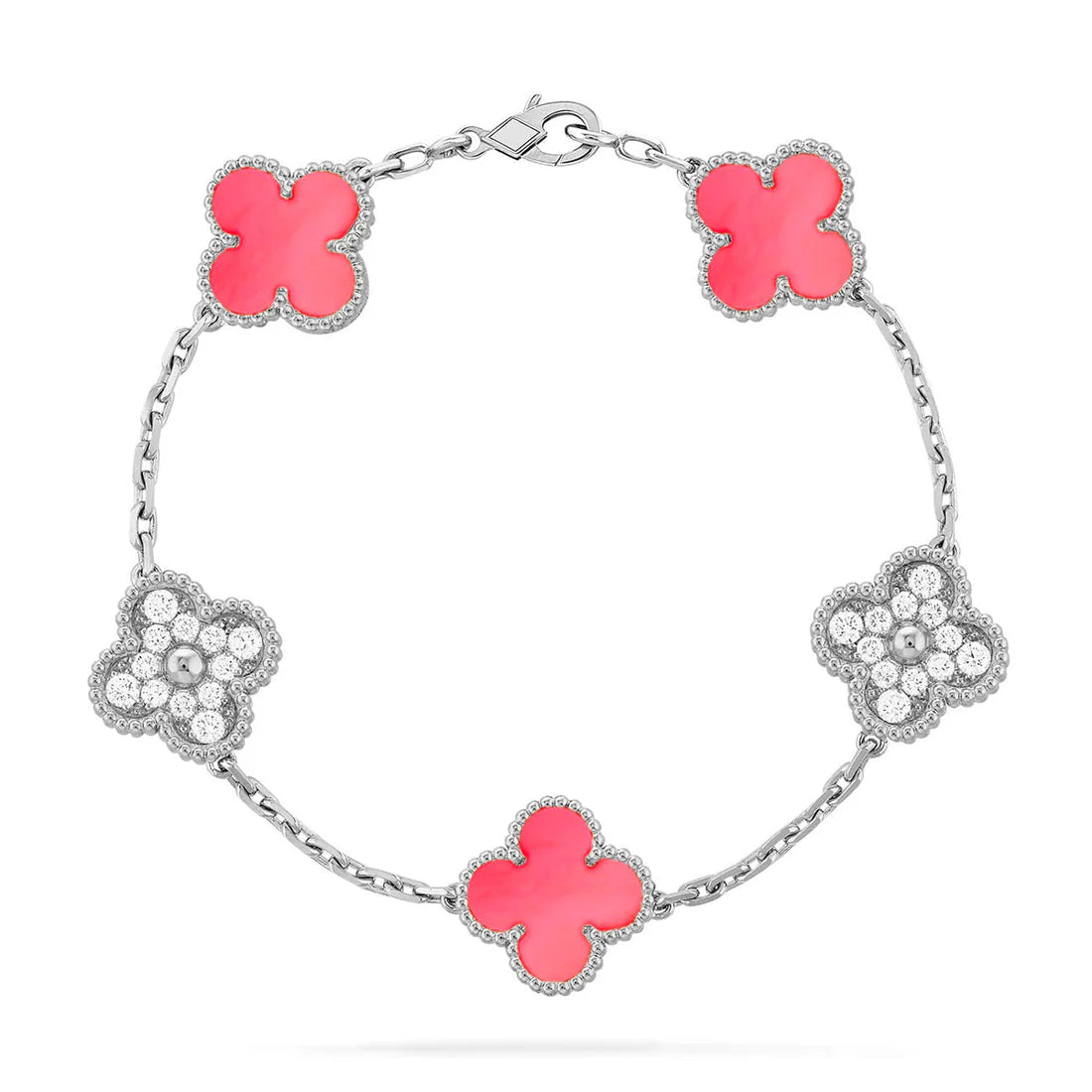 Clover Pink Mother-of-Pearl Bracelet 5-Motif Diamond-Style – Silver | Size 19