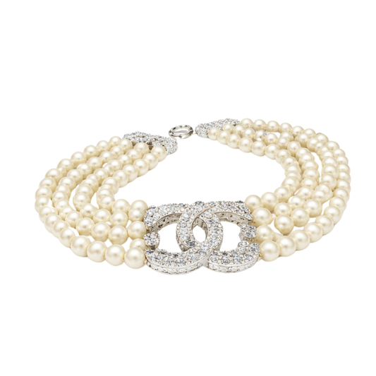 Modern Multi Strand Pearl Crystal Cc Logo Statement Necklace - view 2