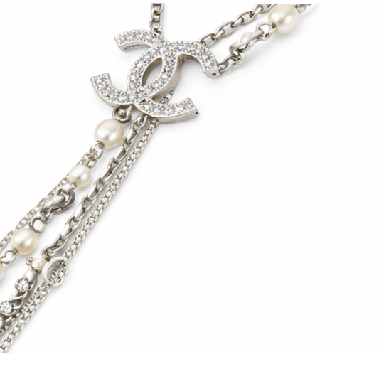 Sharp Cc Logo Interlocking Pearl Chain Lariat Necklace - view 2