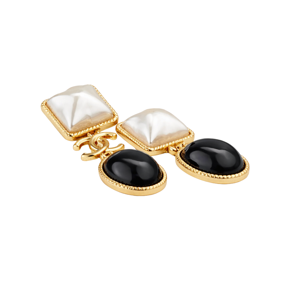 Everyday-Luxe Square Pearl & Black Cabochon Cc Drop Earrings - view 2