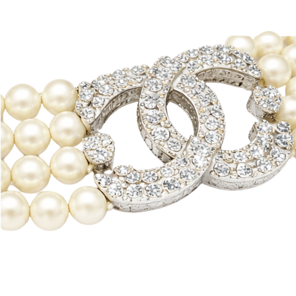 Modern Multi Strand Pearl Crystal Cc Logo Statement Necklace - view 3