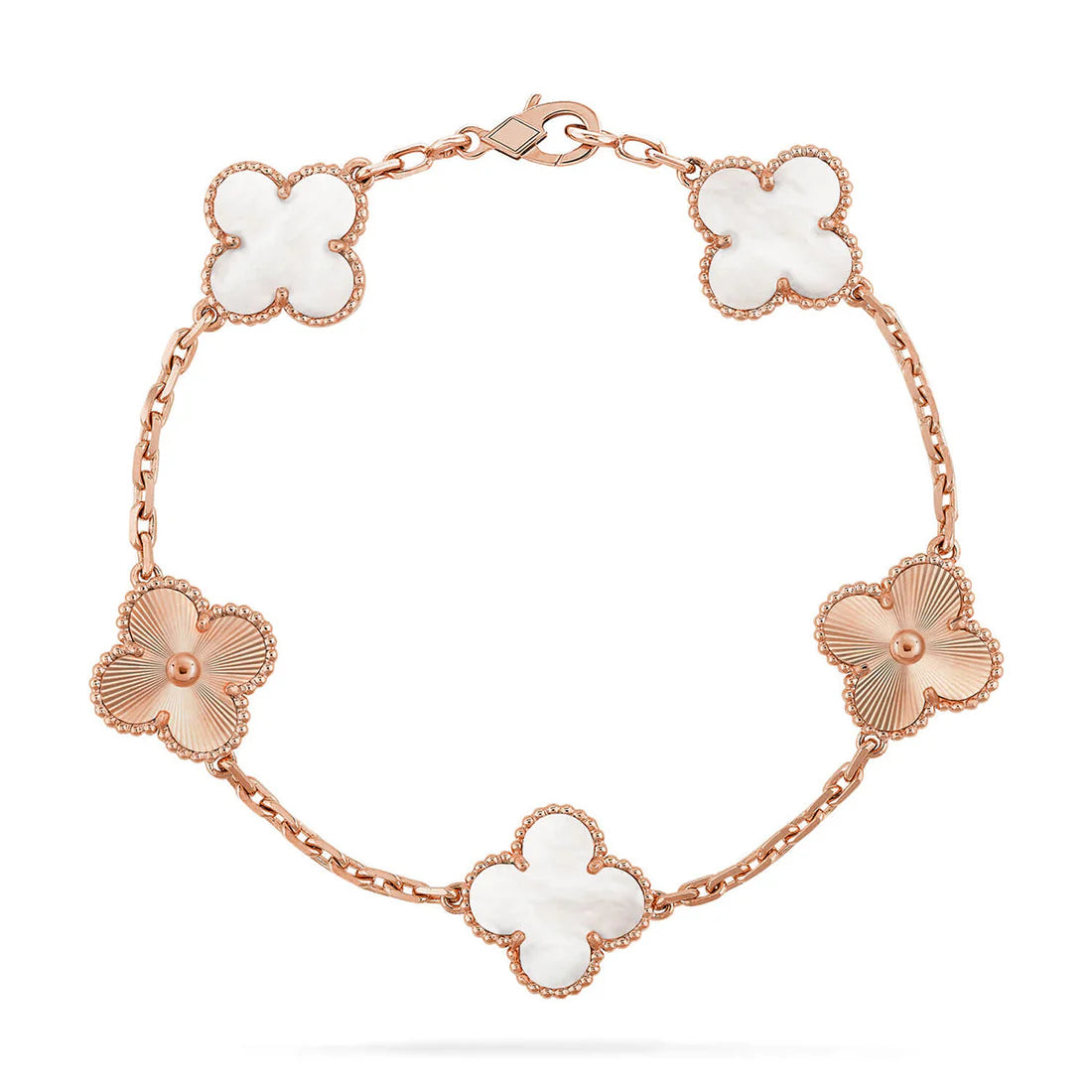 Clover White Mother-of-Pearl Bracelet 5-Motif Laser Detail – White | Size 19