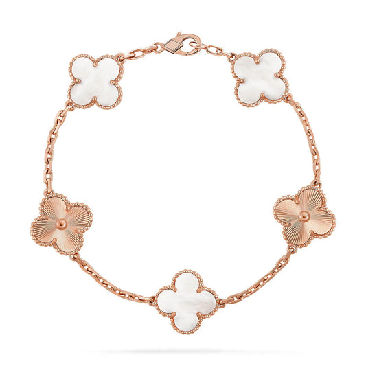 Clover White Mother-of-Pearl Bracelet 5-Motif Laser Detail – White | Size 19