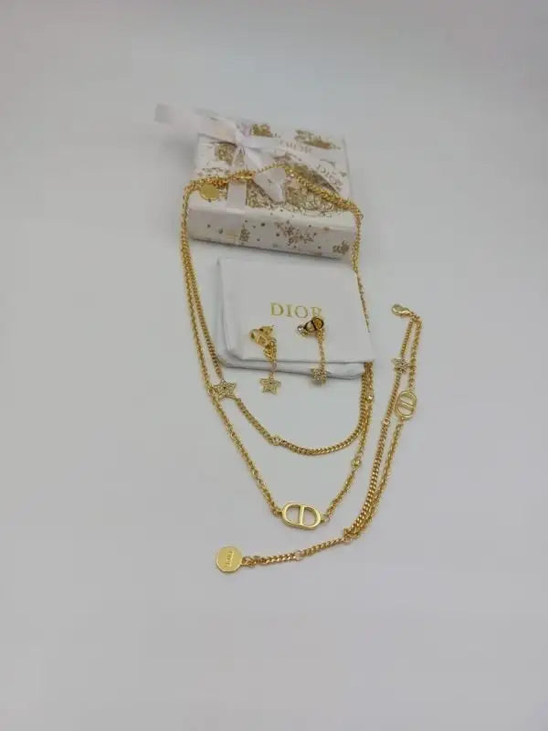 Minimal-Luxe Star Multi Layer Necklace Earrings Set Gold Finish Metal - view 6