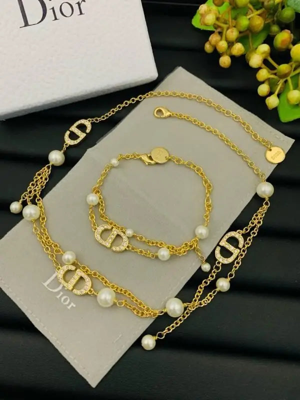 Modern Cd Pearl Layered Necklace Bracelet Set Gold - view 5