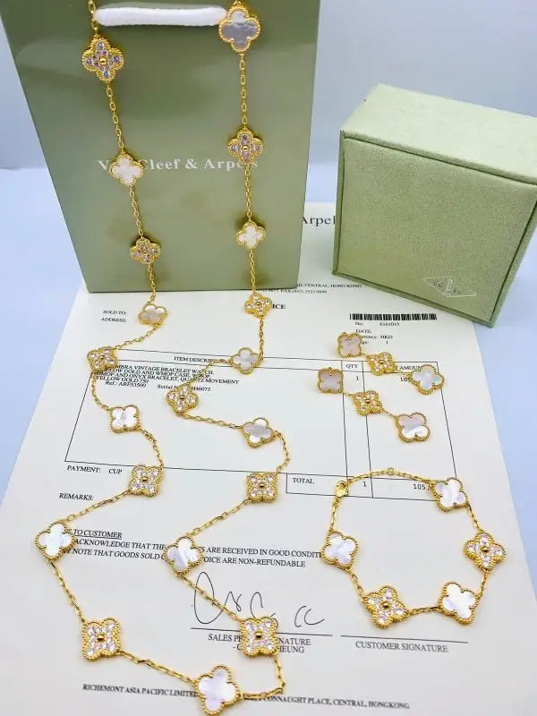 Elegant White Mother of Pearl Diamond Clover Necklace Bracelet Set - view 5
