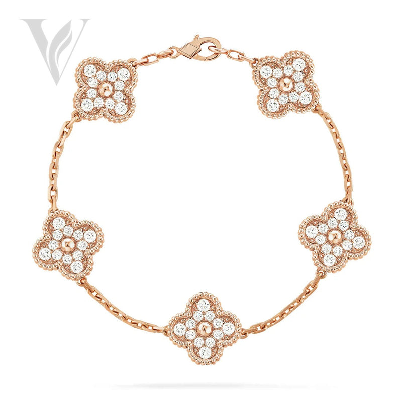 Van Cleef & Arpels Clover 5 Motif Bracelet Rose - Diamond Detail, Laser Detail, Size 19