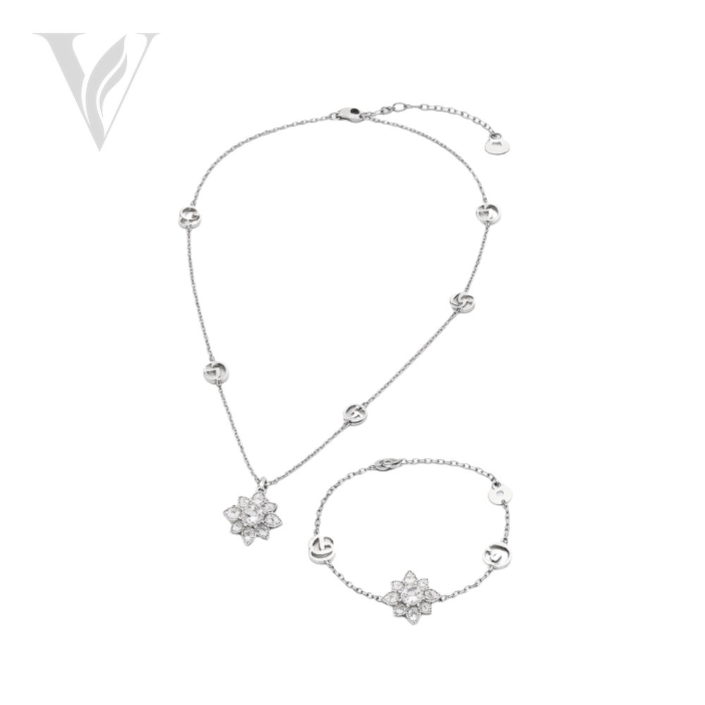 Gucci GG Flower Necklace Bracelet Set - Silver, Crystal