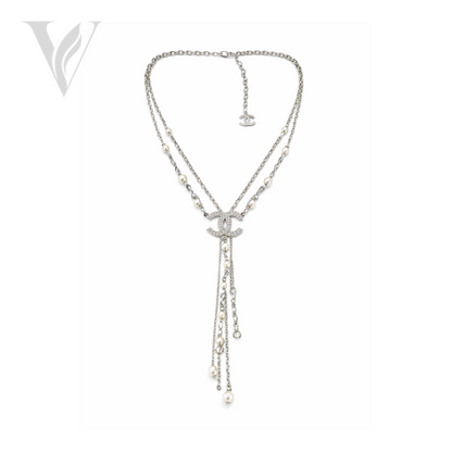 Chanel CC Logo Interlocking Chain Lariat Necklace - Pearl
