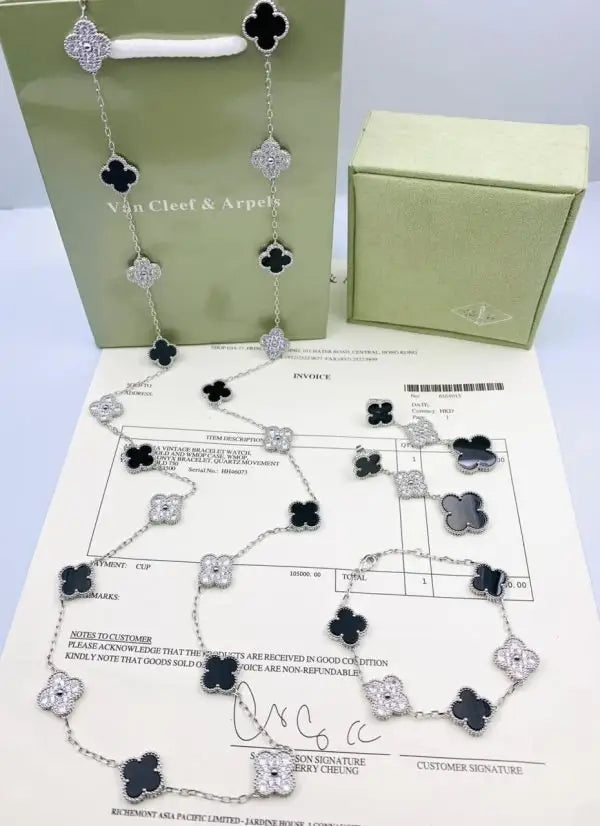 Elegant White Mother of Pearl Diamond Clover Necklace Bracelet Set - view 10