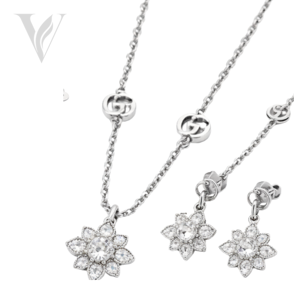 Gucci GG Flower Necklace Bracelet Set - Silver, Crystal – View 2