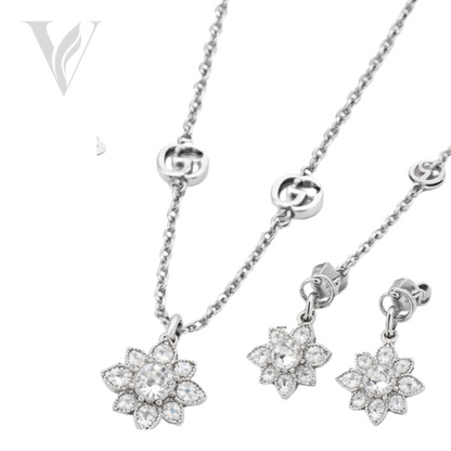 Gucci GG Flower Necklace Bracelet Set - Silver, Crystal – View 2