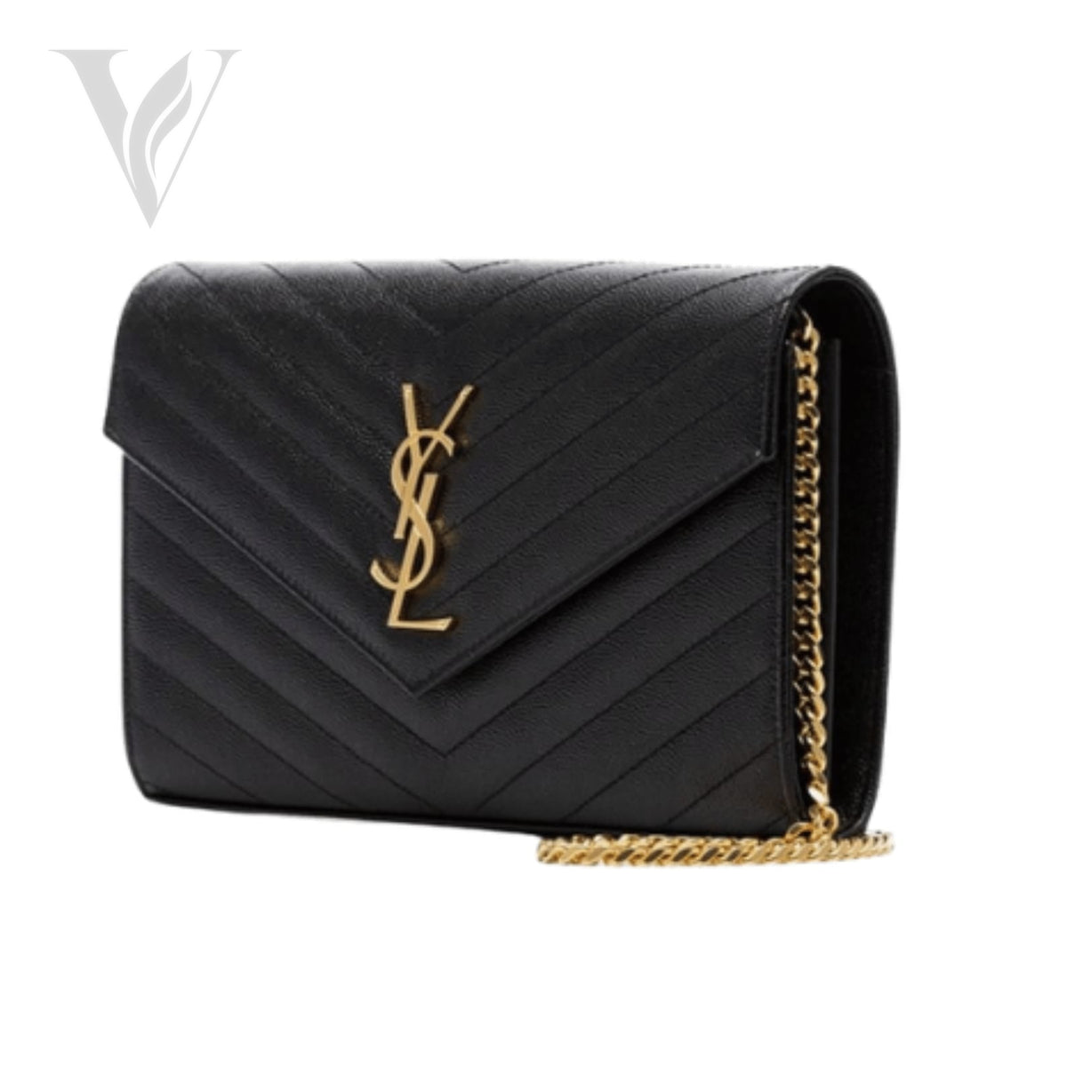 Saint Laurent Cassandre Envelope Chain Crossbody Bag - Black Grain De Poudre Leather – View 2