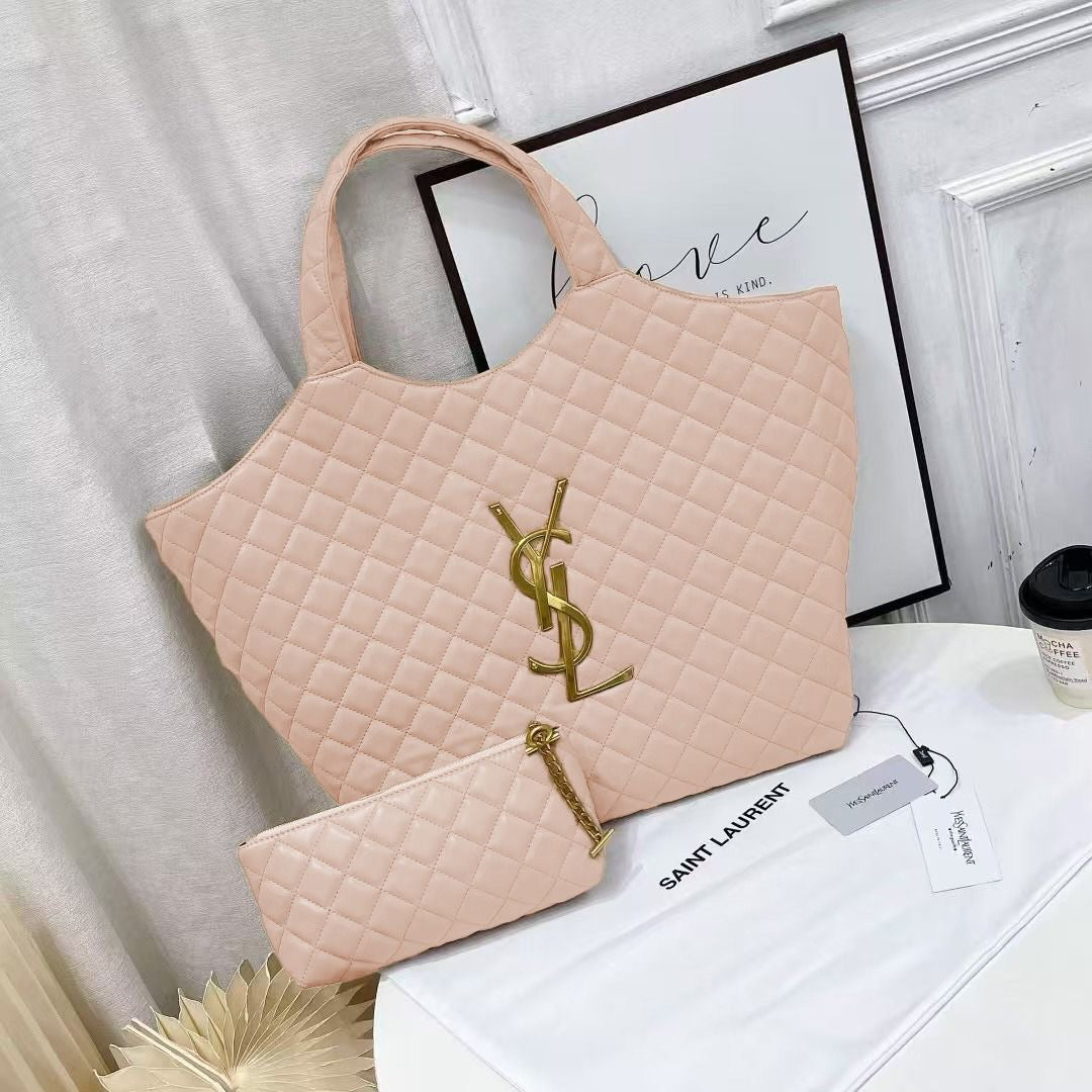 Premium-Look Icare Maxi Quilted Lambskin Tote Pale - view 4
