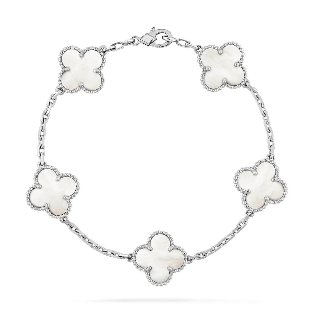 Clover White Mother-of-Pearl Bracelet 5-Motif – Silver | Size 19