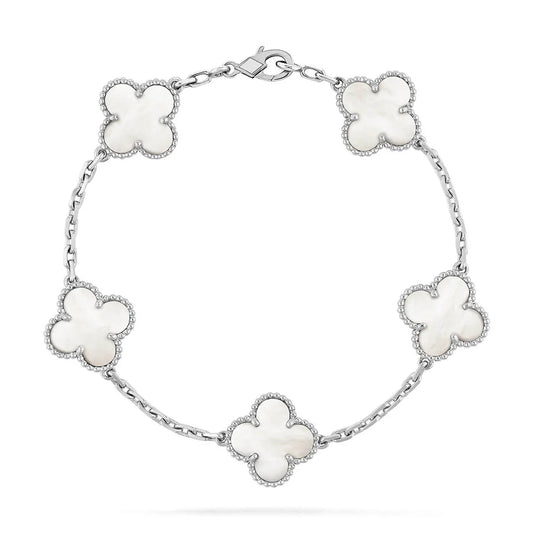 Clover White Mother-of-Pearl Bracelet 5-Motif – Silver | Size 19
