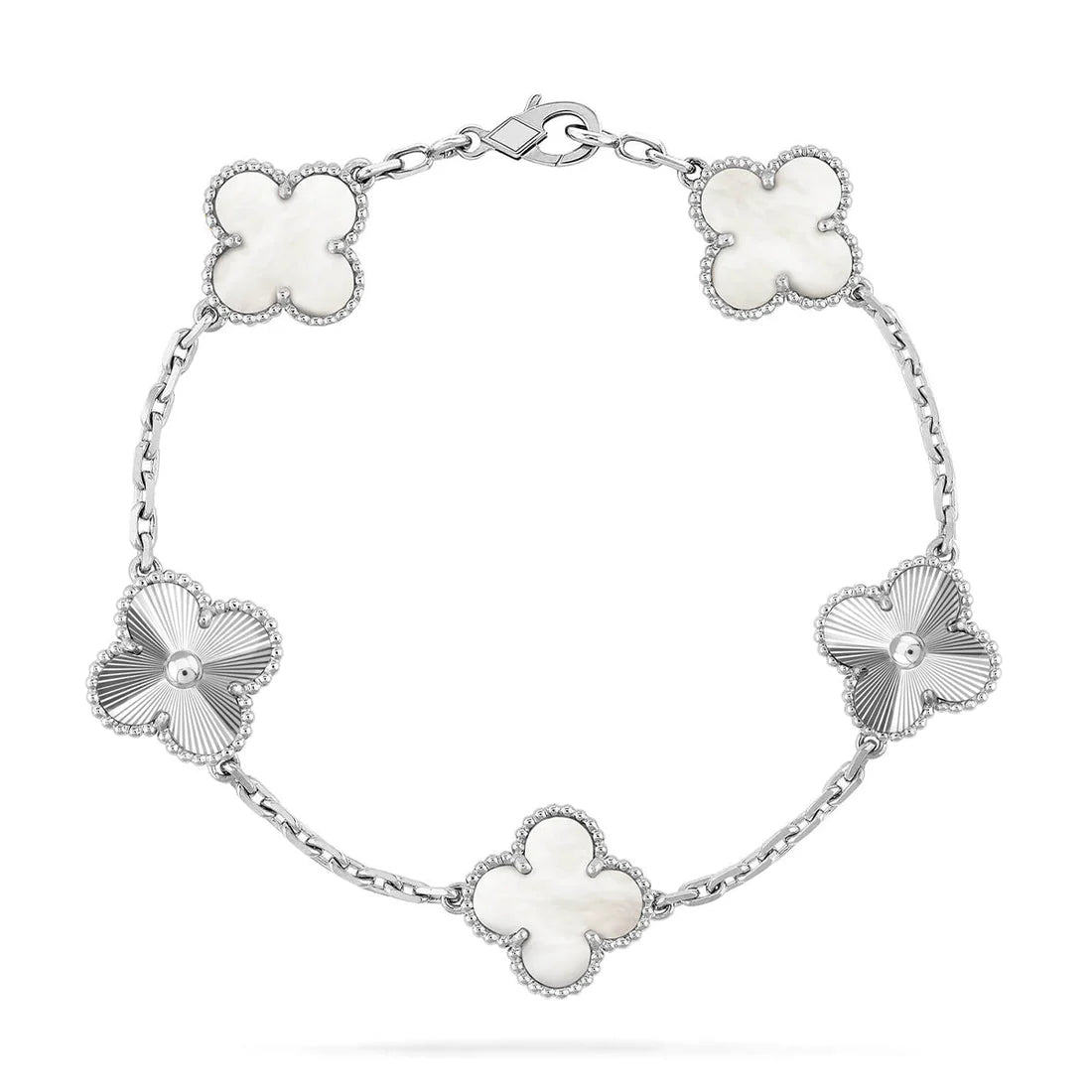 Clover White Mother-of-Pearl Bracelet 5-Motif Laser Detail – Silver | Size 19