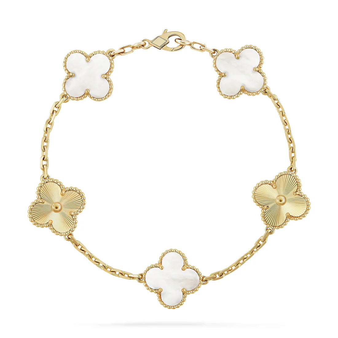Clover White Mother-of-Pearl Bracelet 5-Motif Laser Detail – White | Size 19