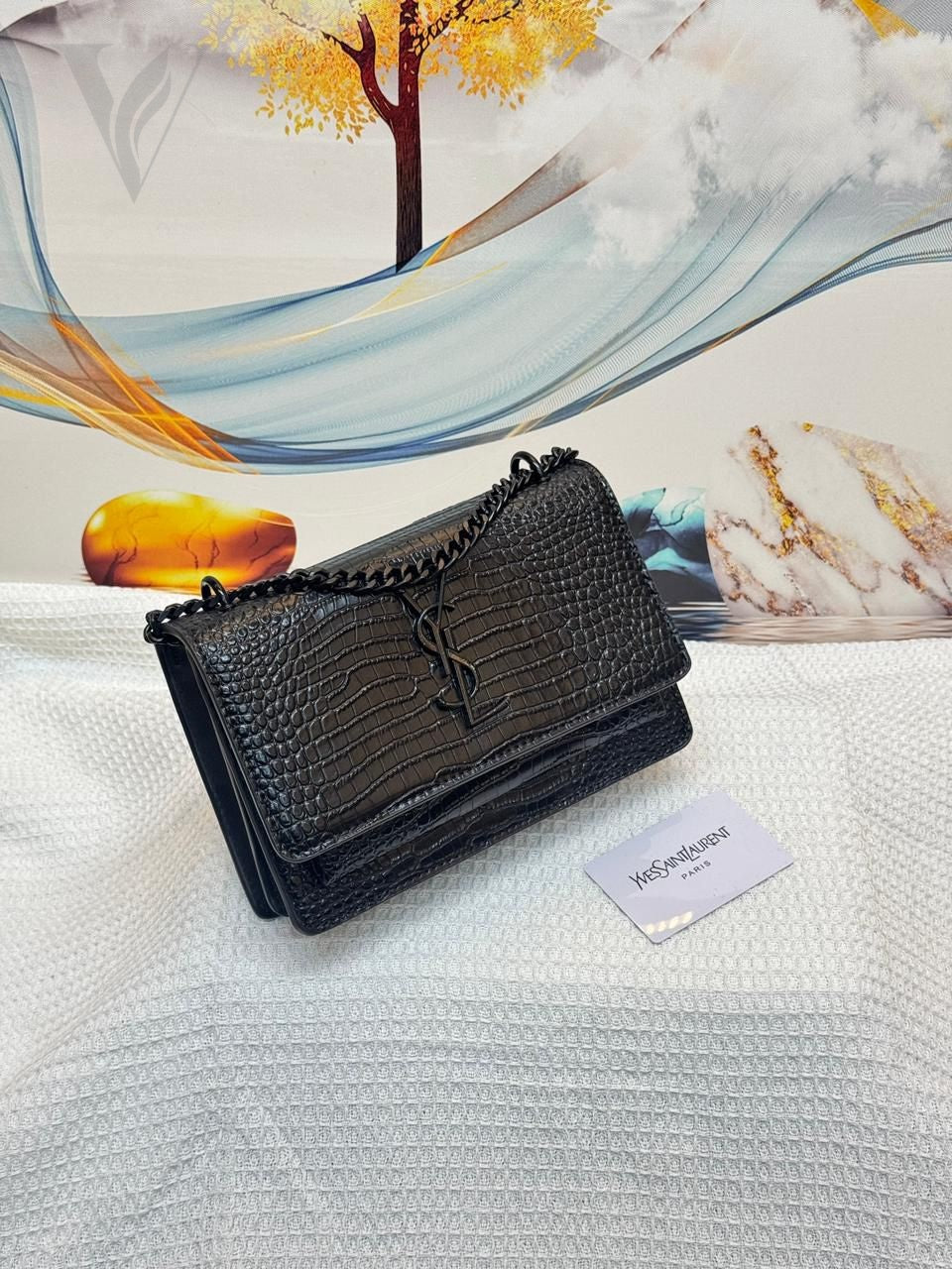 YSL Sunset Medium SO Croc-Embossed Bag - Black – View 4
