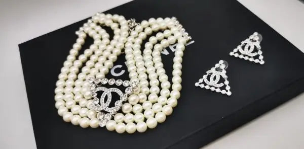 Modern Multi Strand Pearl Crystal Cc Logo Statement Necklace - view 6