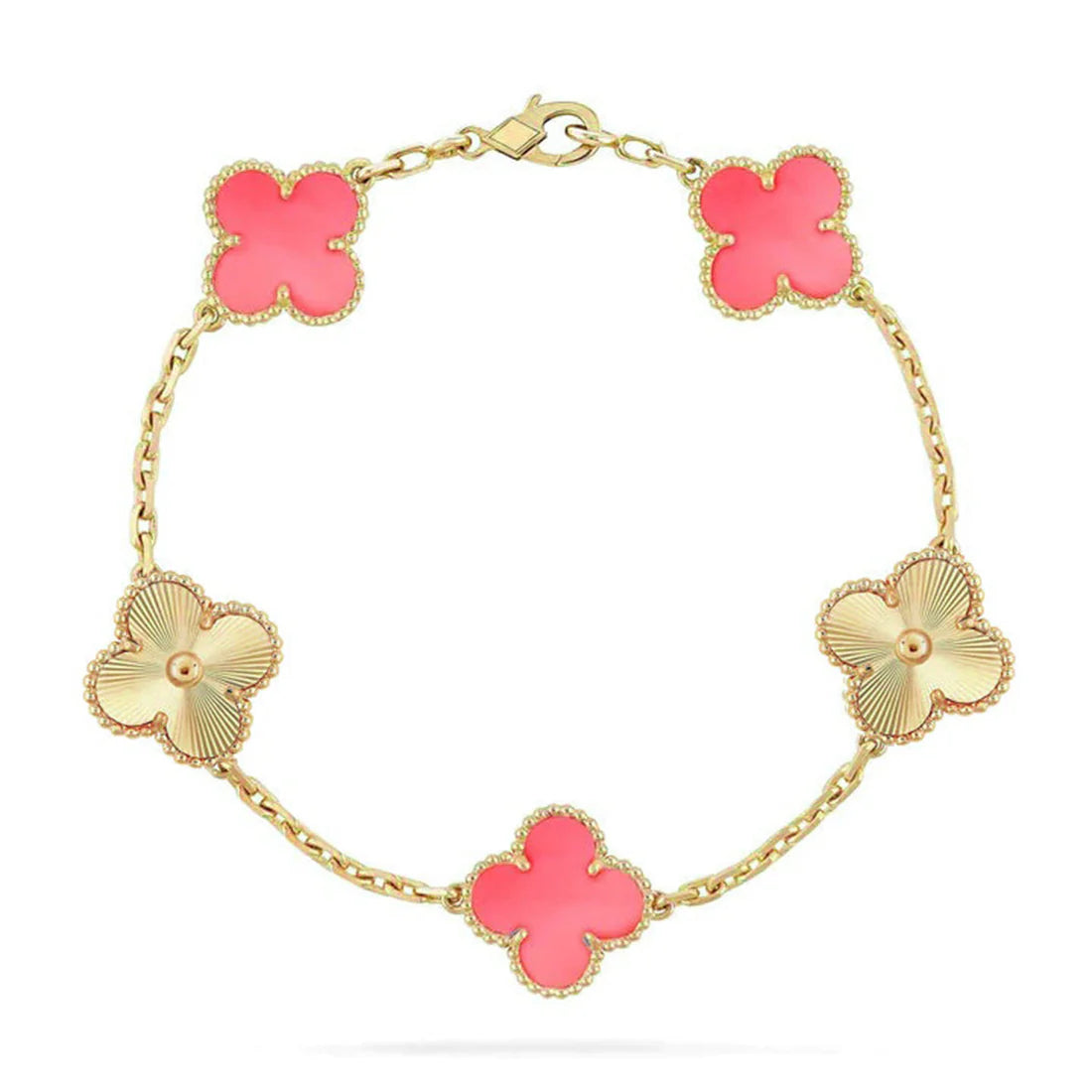 Clover Pink Mother-of-Pearl Bracelet 5-Motif Laser Detail – Gold | Size 19