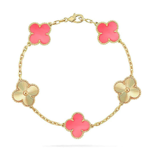 Clover Pink Mother-of-Pearl Bracelet 5-Motif Laser Detail – Gold | Size 19