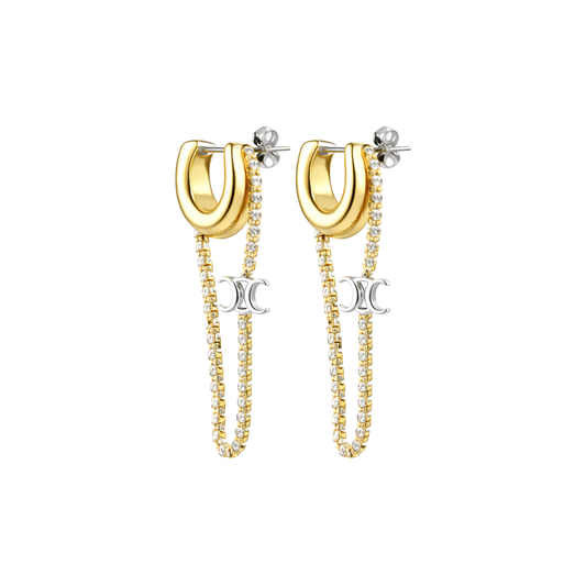 Detailed Triomphe Hoop Earrings Gold Crystals - view 2